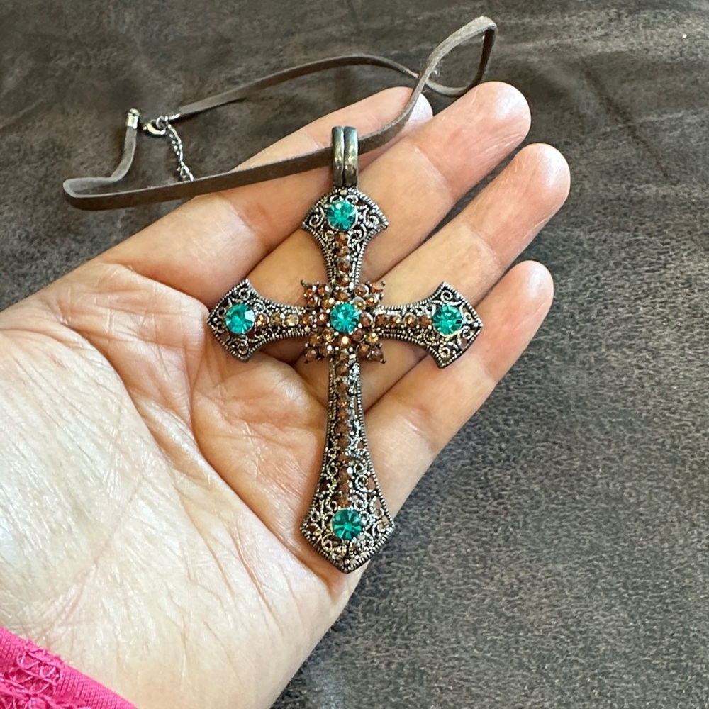 Vintage Silver Cross Pendant Necklace with Turquoise Accents